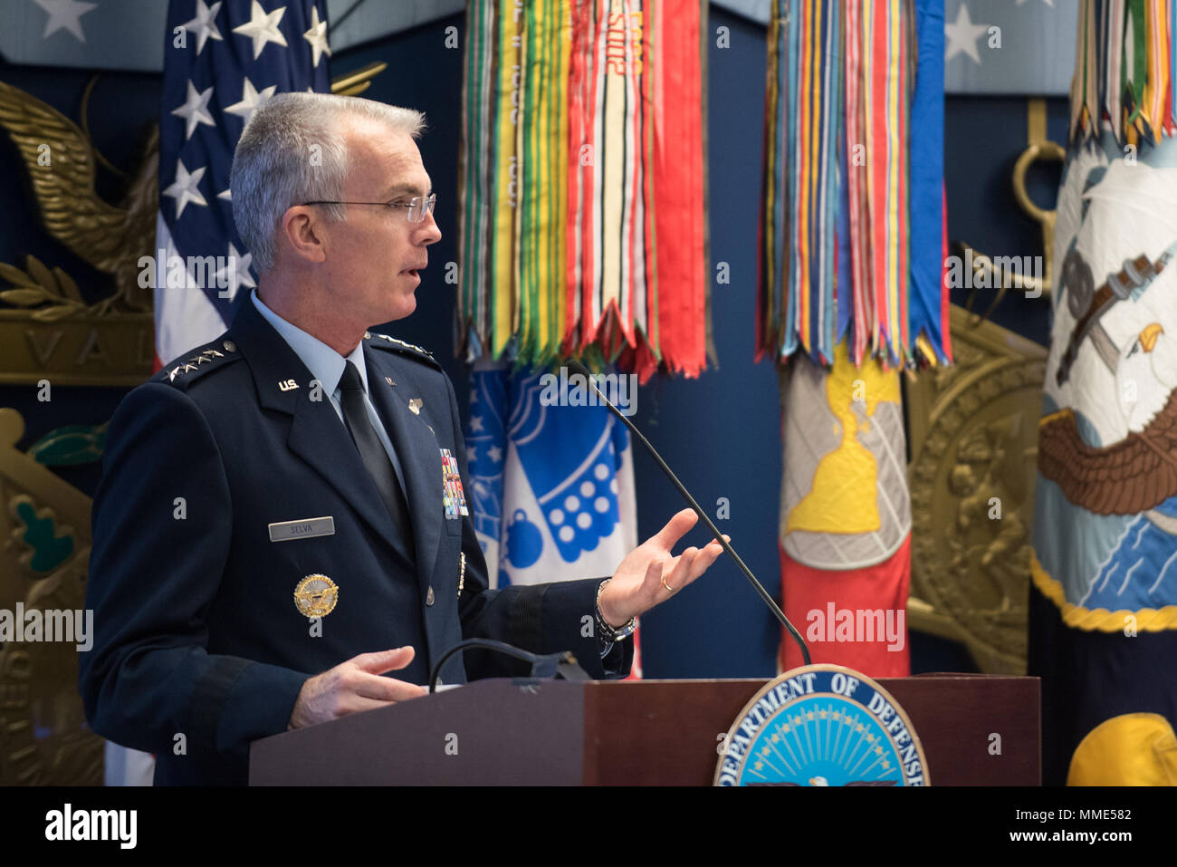 U.S. Air Force Gen. Paul J. Selva, Vice Chairman of the Joint Chiefs of Staff, delivers the keynote remarks during the 2017 Spirit of Hope Awards at the Hall of Heroes in the Pentagon, Oct. 26, 2017. The Spirit of Hope Award is awarded to men and women of the U.S. Armed Forces, entertainers, and other distinguished Americans and organizations whose patriotism and service reflect that of Mr. Bob Hope. The recipients selflessly contributed an extraordinary amount of time, talent, or resources to significantly enhance the quality of life or service members and their families serving around the wo Stock Photo