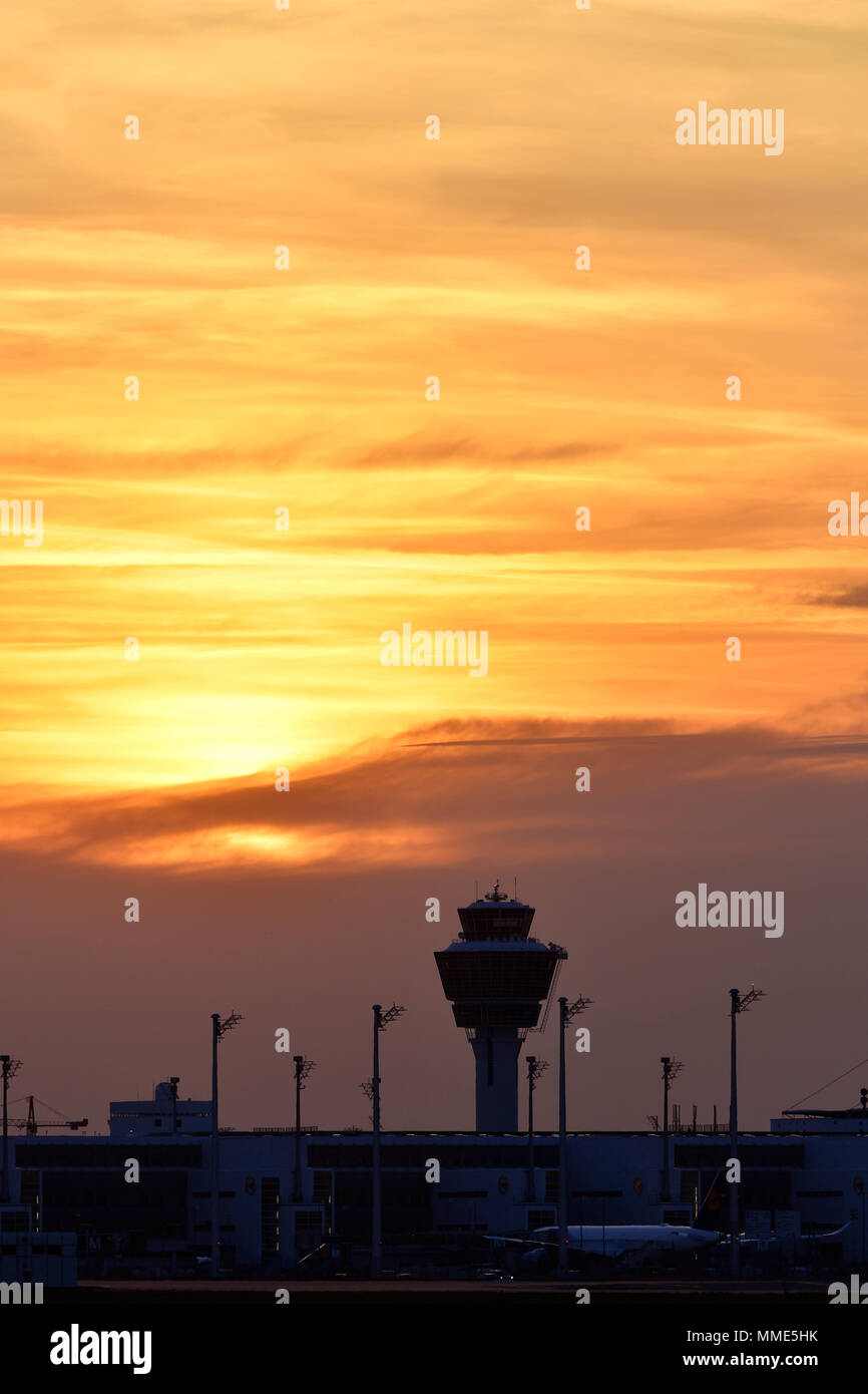 Sunset, Sunshine, Sunrise, Terminal, Tower, red Sky, romantic, twilight, Aircraft, Airplane, Plane, MAC, cloud, Airport Munich, MUC, Germany, Stock Photo