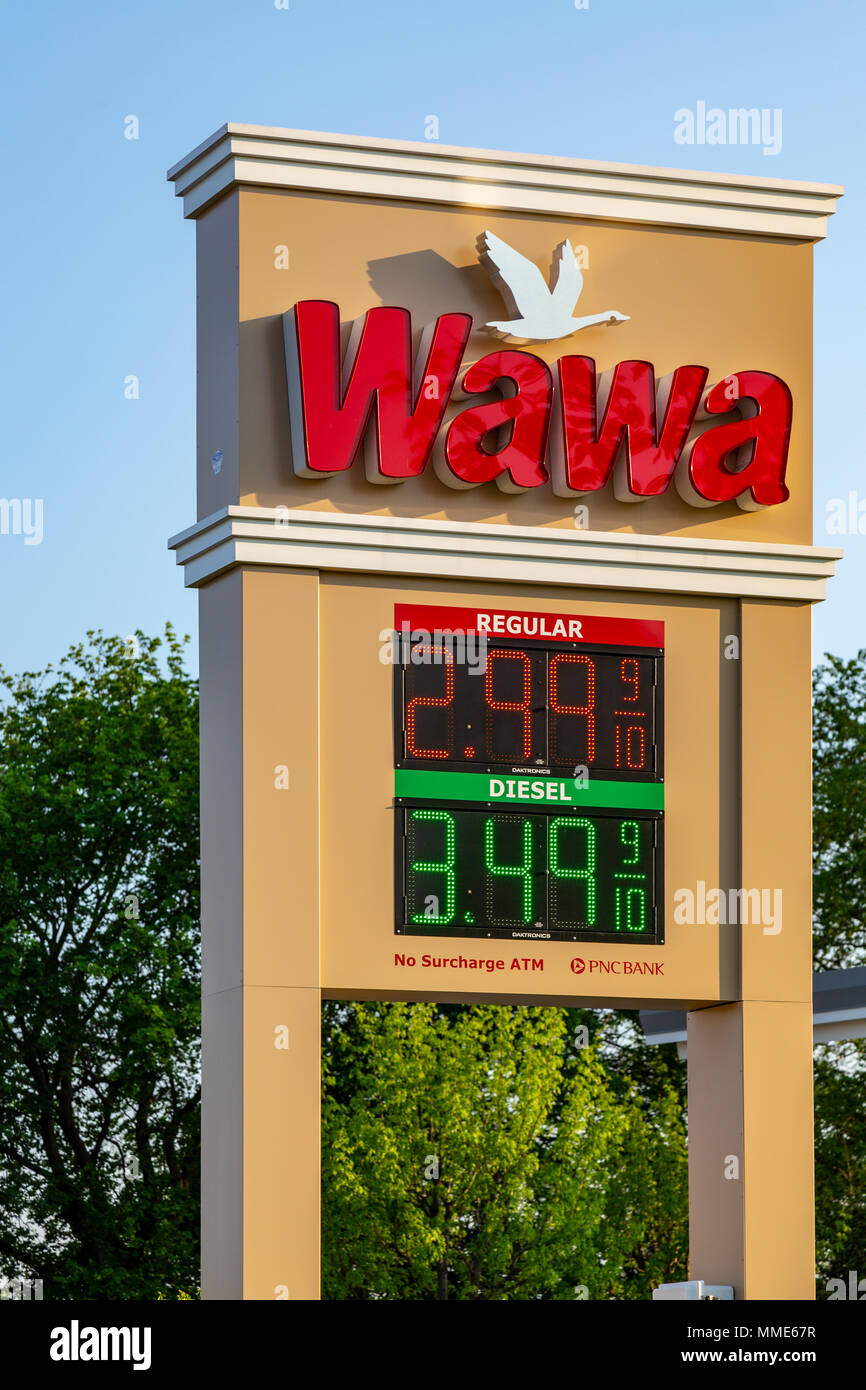 Lancaster, PA, USA - May 8, 2018: Exterior sign with current gas prices at WaWa, a chain of fast food, gas, and convenience stores, which has over 750 Stock Photo