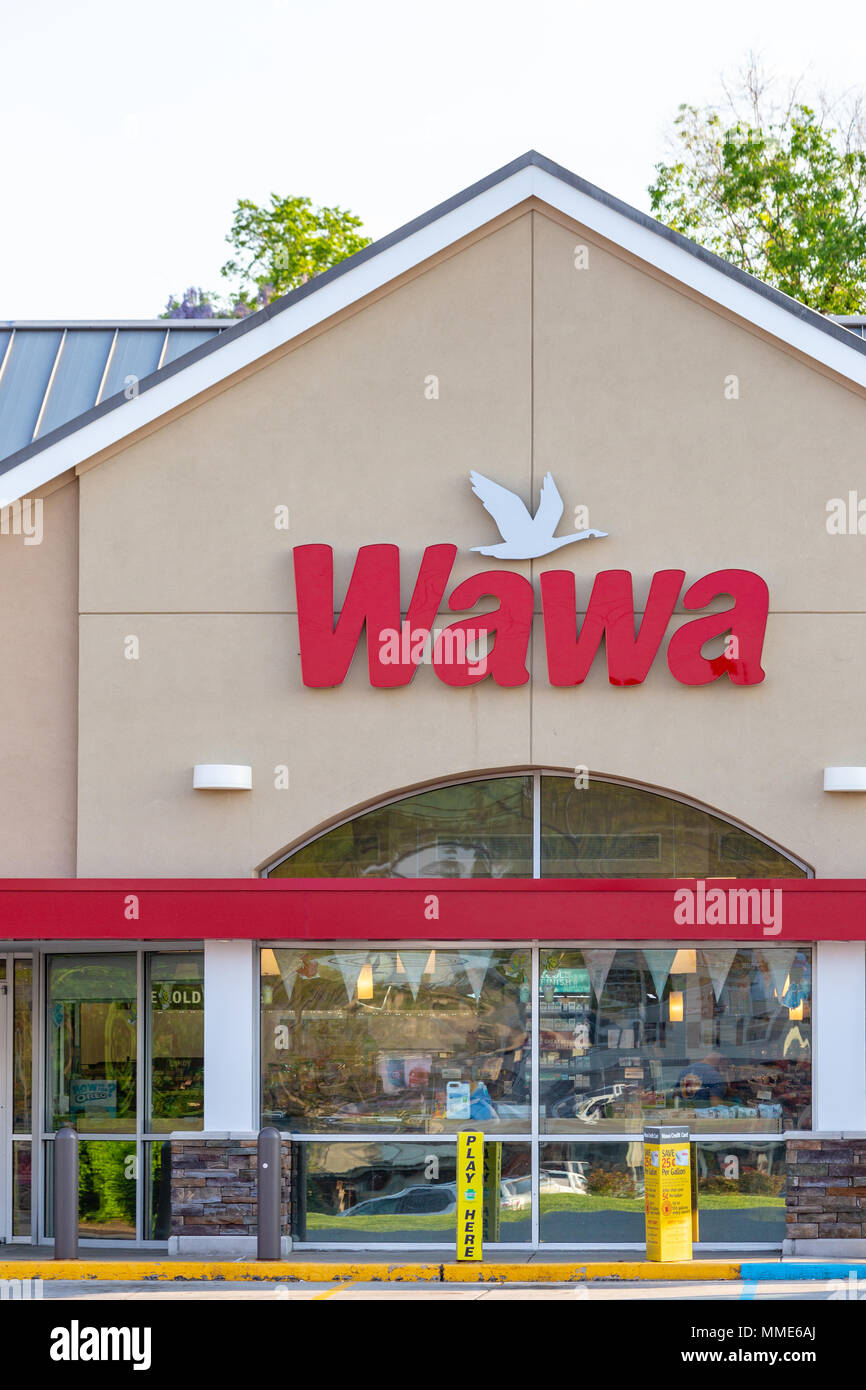 Lancaster, PA, USA May 8, 2018 Exterior sign of WaWa, a chain of