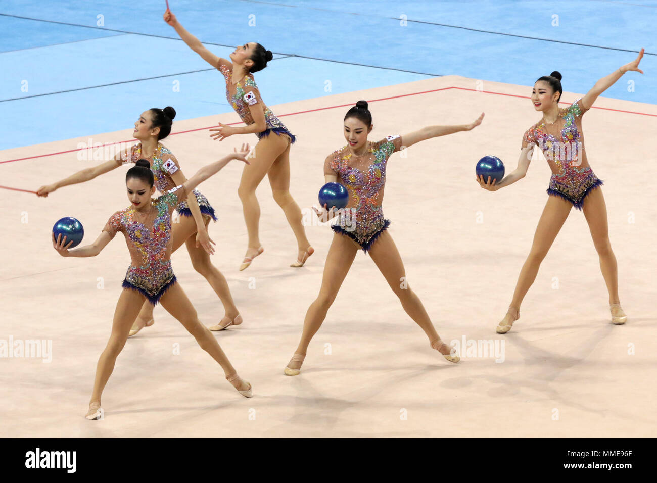 Sofia, Bulgaria - 31 March, 2018: Team Korea performs with balls and ropes during Rhythmic Gymnastics World Cup Sofia 2018. Group tournament. Stock Photo