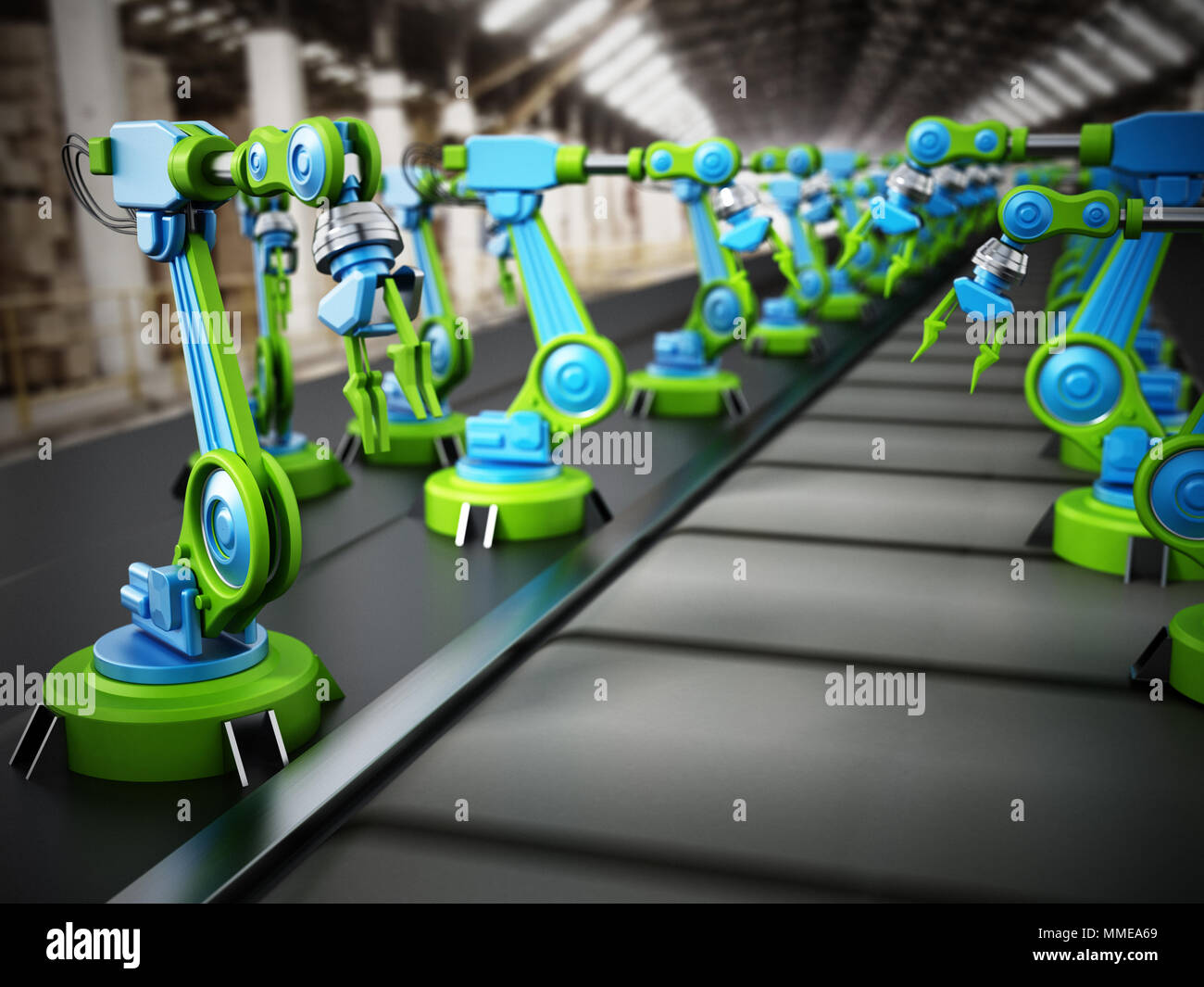 Robotic arms standing in a line inside a factory. 3D illustration. Stock Photo