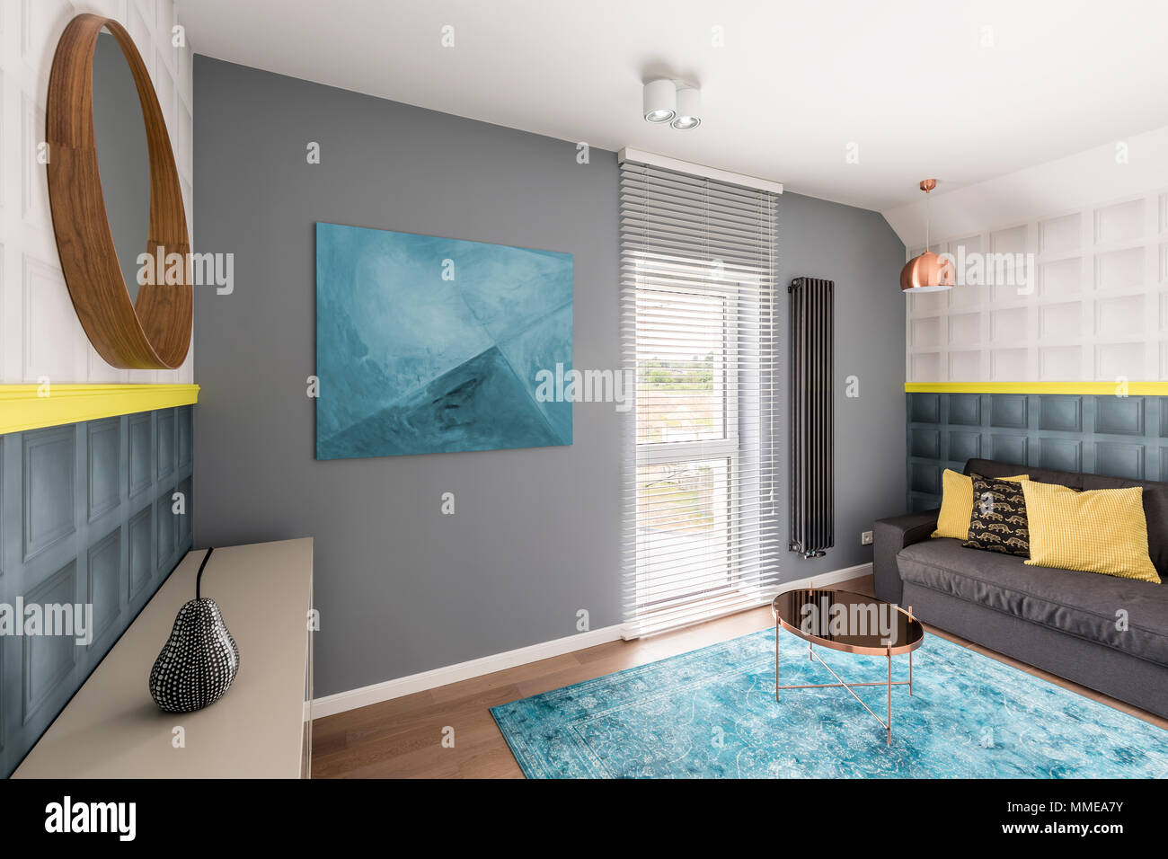 Blue grey and 2024 copper living room