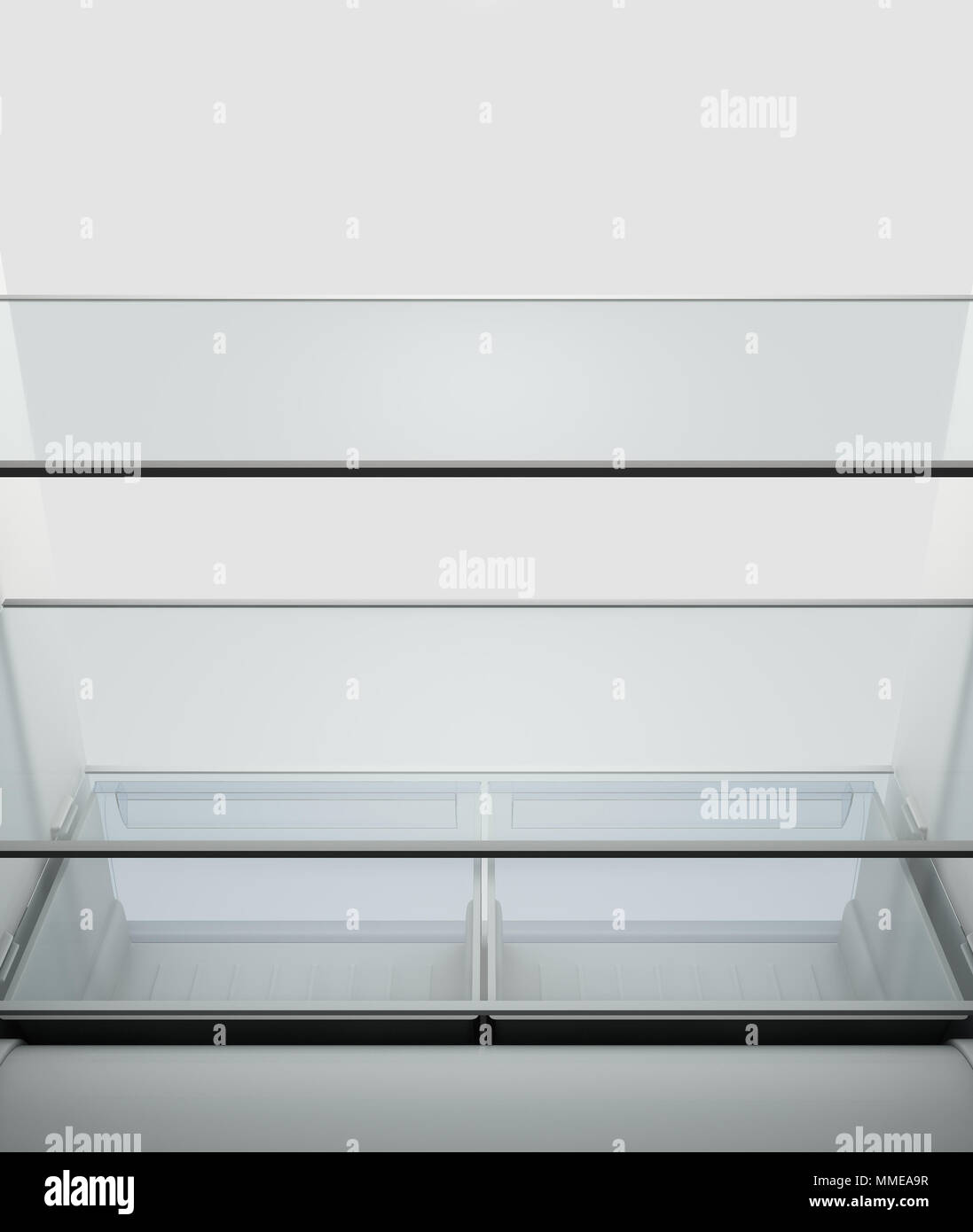 A view from inside an empty household fridge or freezer looking out the open door - 3D render Stock Photo