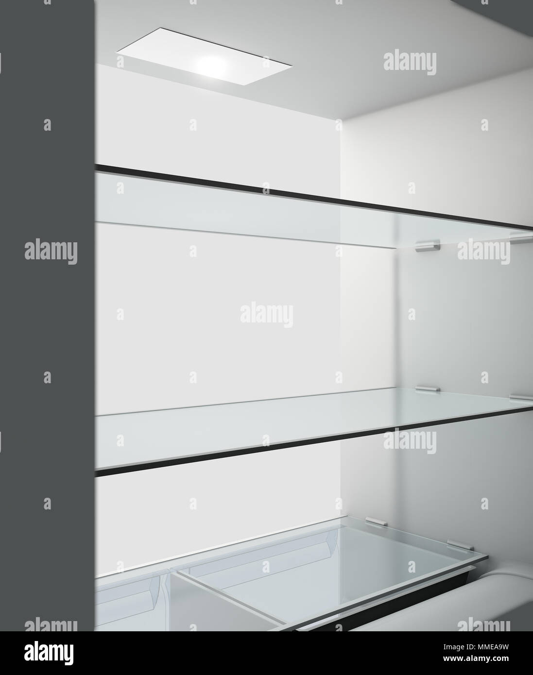 A view from inside an empty household fridge or freezer looking out the open door - 3D render Stock Photo