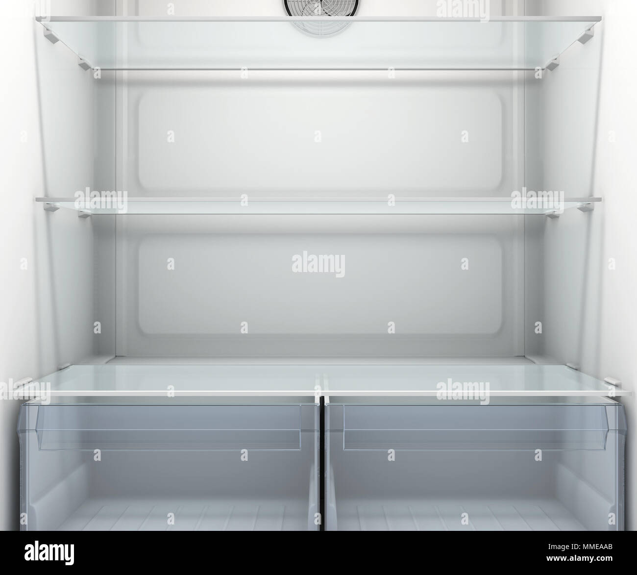 A view inside an empty household fridge or freezer with glass shelves and drawers - 3D render Stock Photo