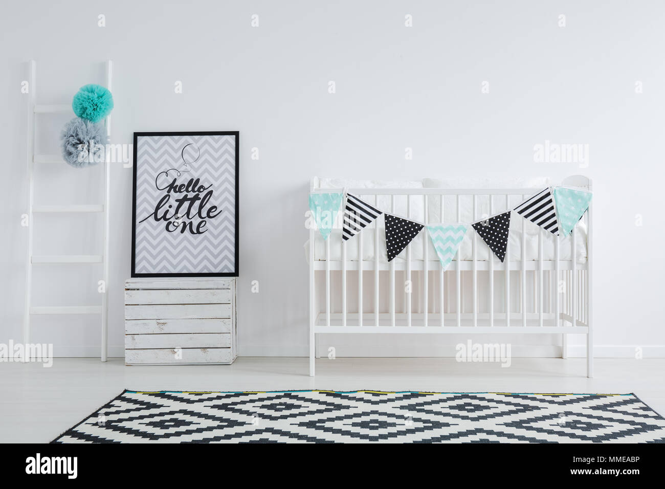 Graphic carpet in black and white nursery Stock Photo Alamy