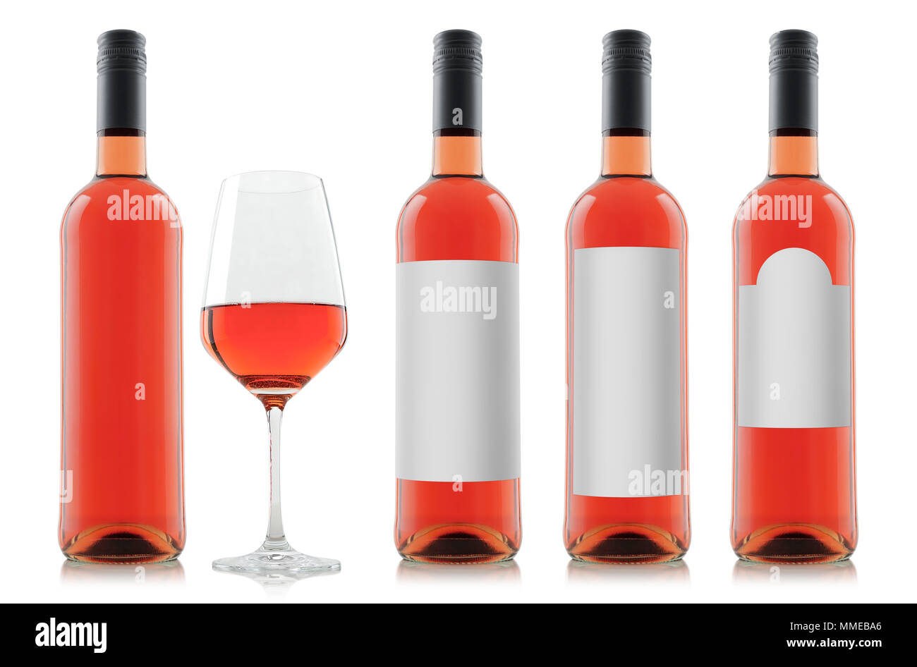 Mockup sample of filled rose wine bottles with different shaped blank