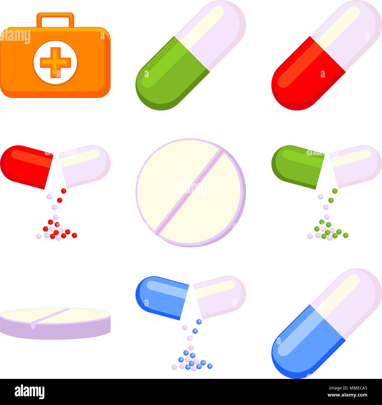 Colorful first aid kit content 9 element set Stock Vector