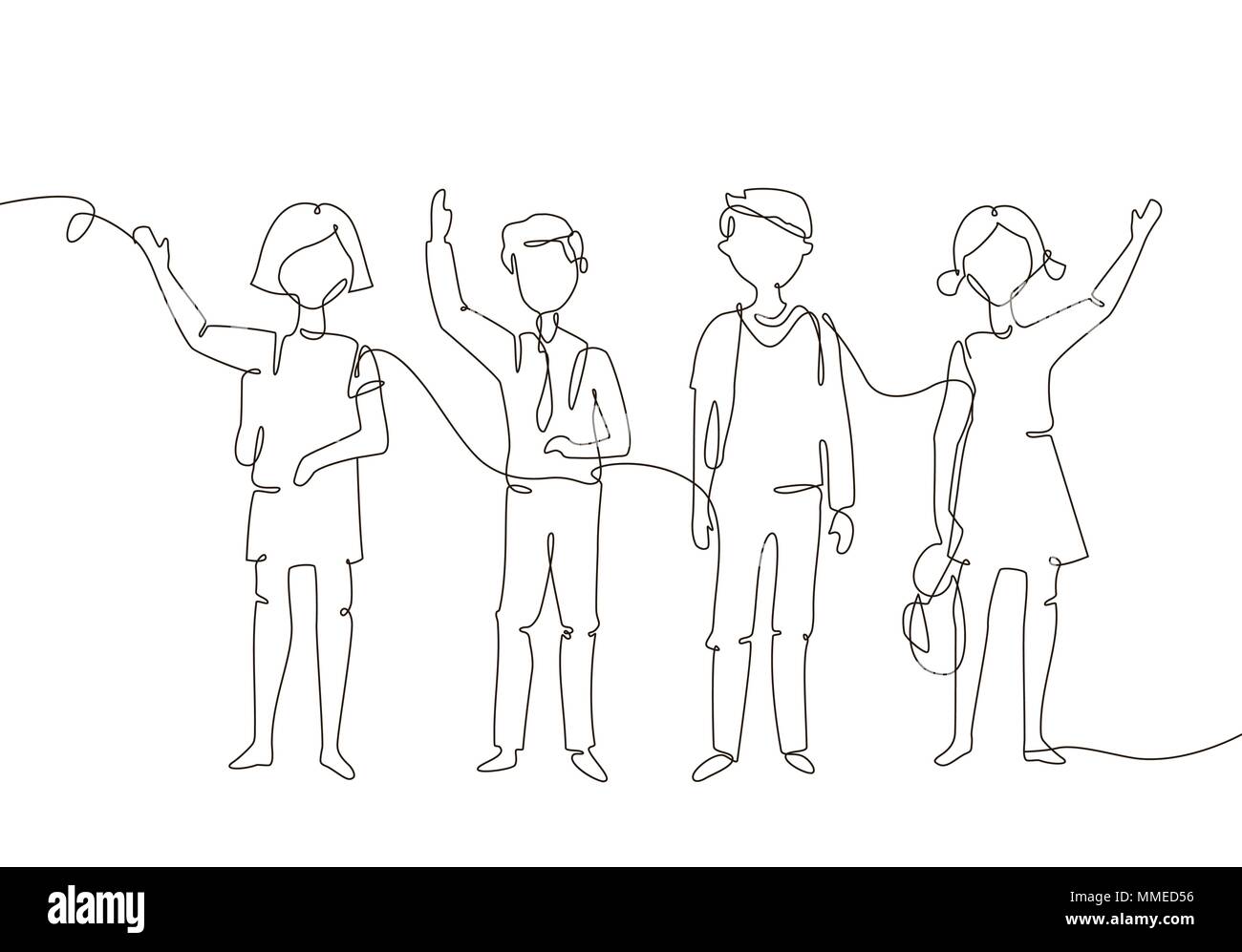 Schoolchildren - one line design style illustration Stock Vector Image ...