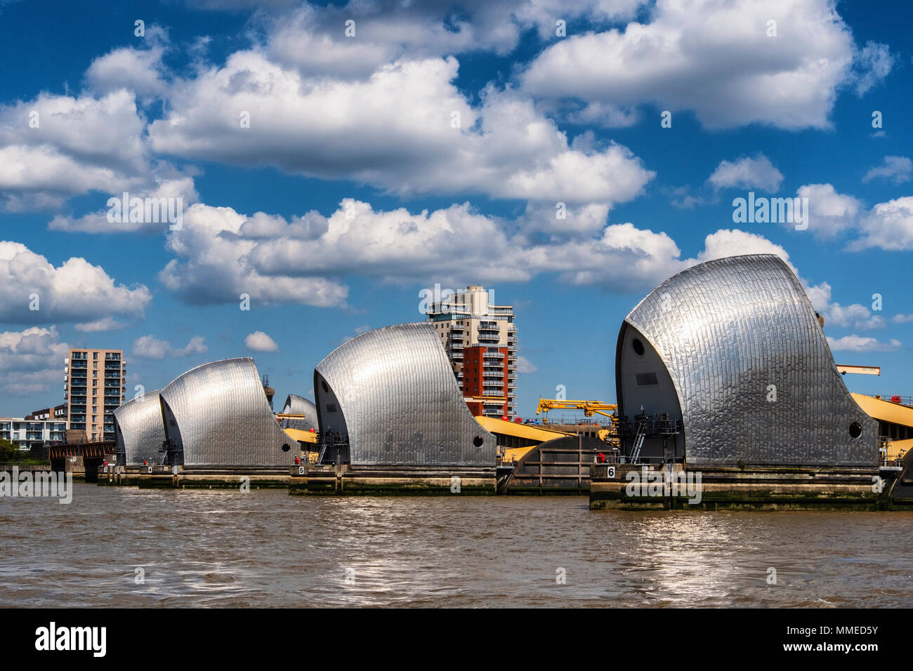 River Thames Barrier flood defence protects the capital city from flooding due to high tides and storm surges, London, UK Stock Photo