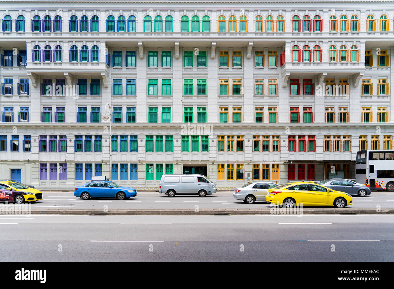 Colorful heritage building windows in Singapore. Neoclassical style building with colorful windows in Singapore. Stock Photo