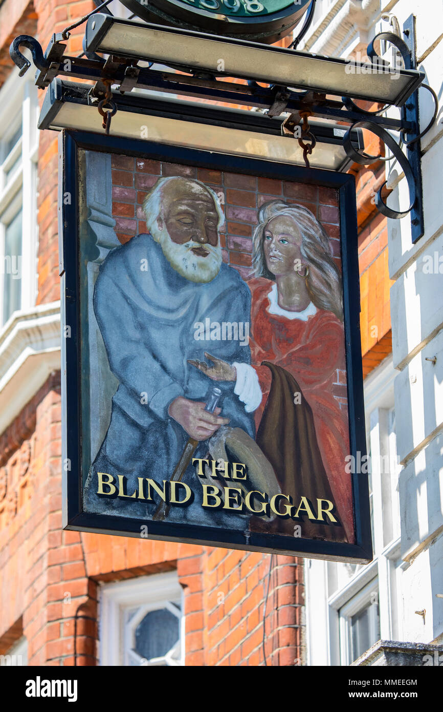 LONDON, UK - APRIL 19TH 2018: The sign of The Blind Beggar public house on Whitechapel Road in London, on 19th April 2018.  The pub is known to be the Stock Photo