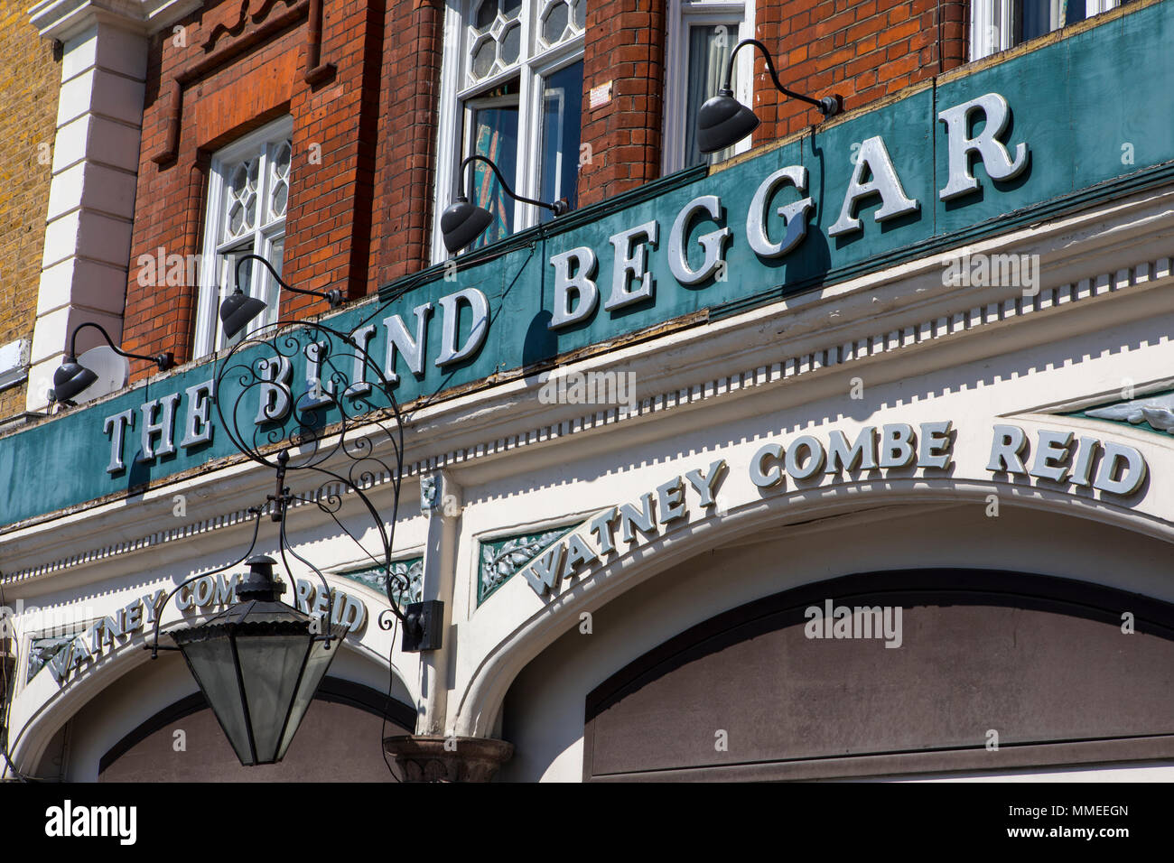 The exterior of The Blind Beggar public house on Whitechapel Road in London, UK.  The pub is known to be the location of the murder of George Cornell  Stock Photo