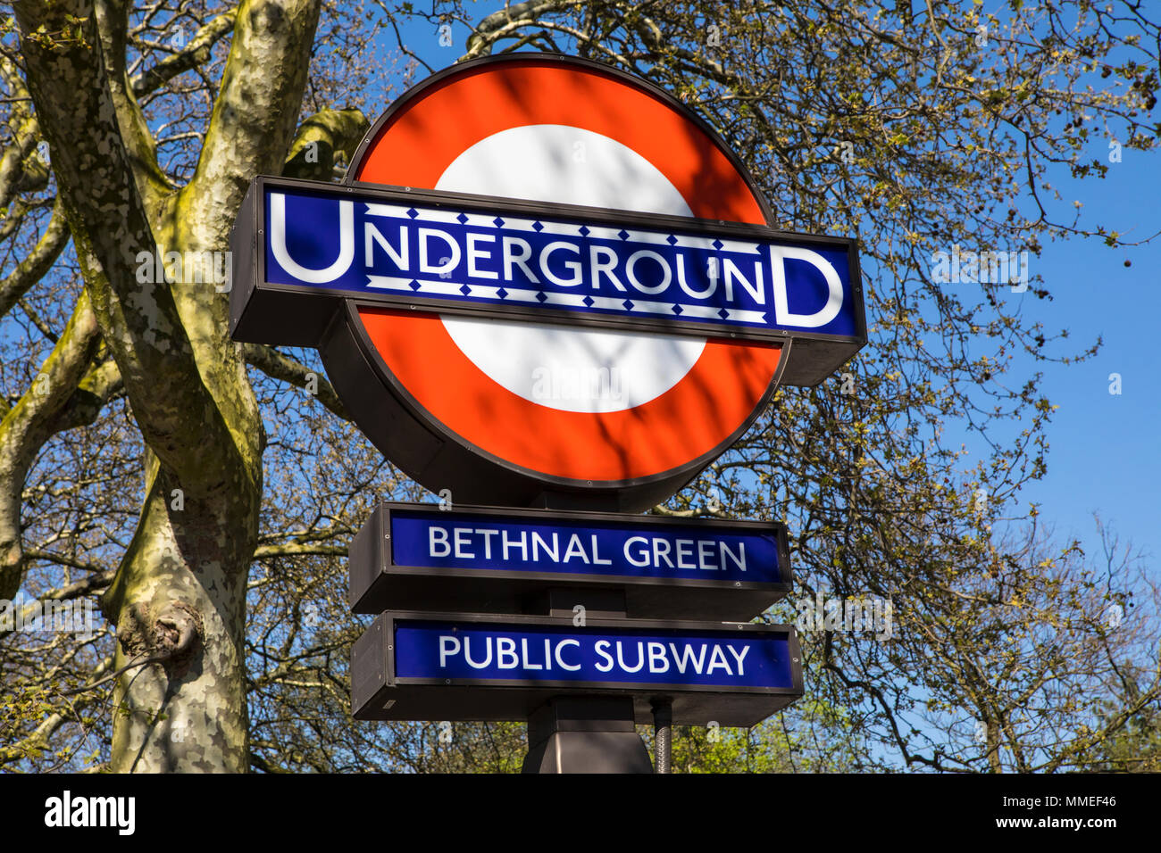 LONDON, UK APRIL 19TH 2018 The London Underground logo at Bethnal