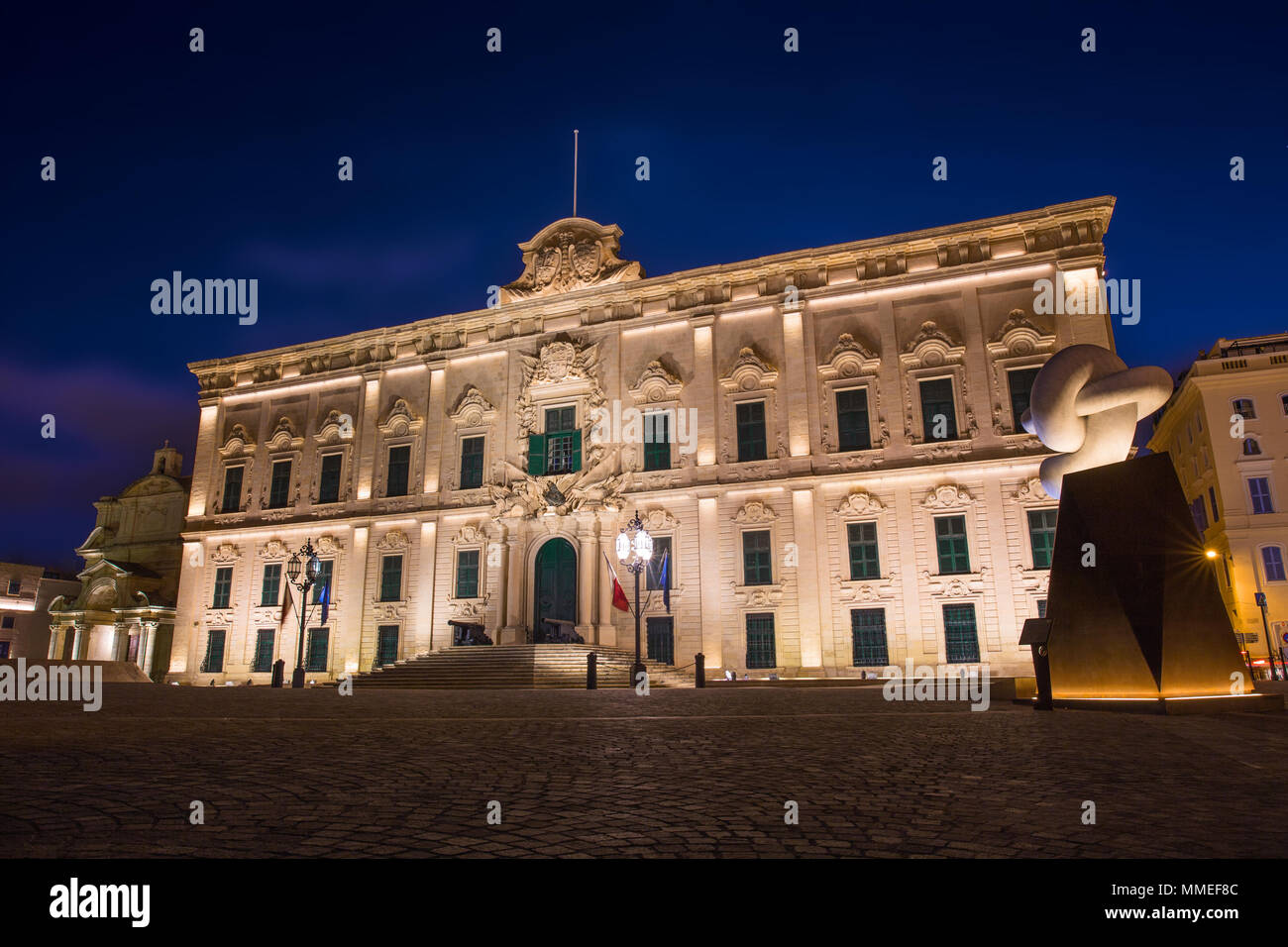 Auberge Castille at night, Valletta, Malta Stock Photo