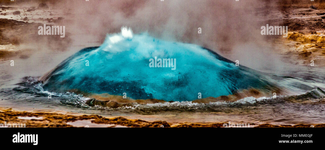 Geyser in Iceland begins eruption by first forming a bubble of hot