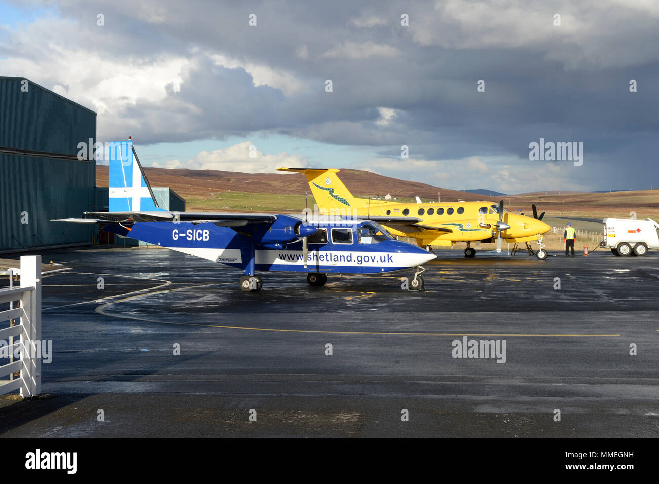 Tingwall airport in the Shetland Islands the base for inter island flights and also the air ambulance that takes emergency patients to the mainland Stock Photo