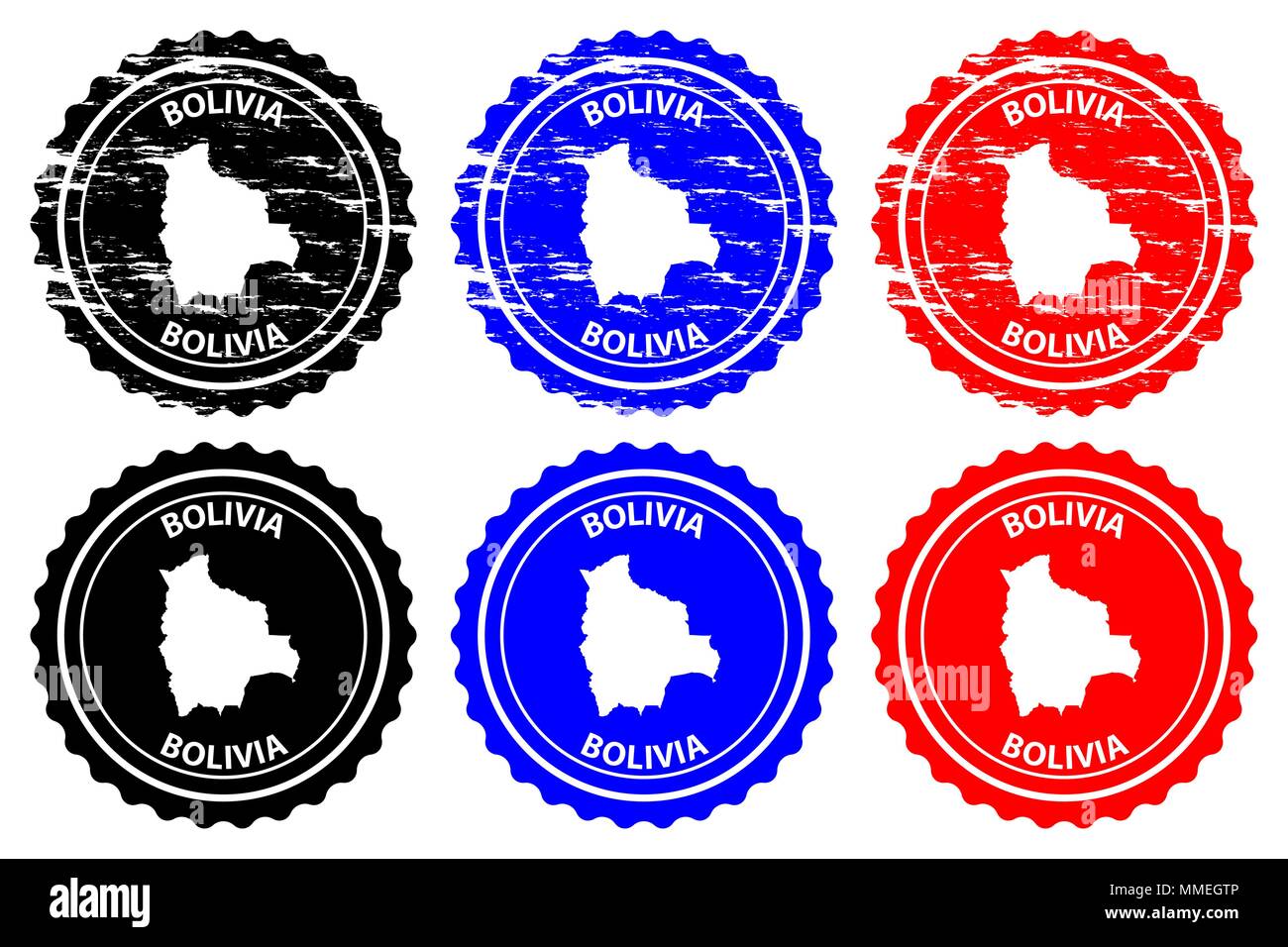 Bolivia - rubber stamp - vector, Bolivia map pattern - sticker - black, blue and red Stock Vector