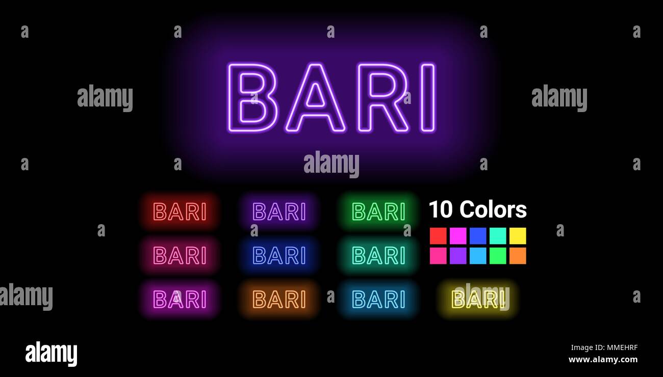 Neon name of Bari city. Vector illustration of Bari inscription ...