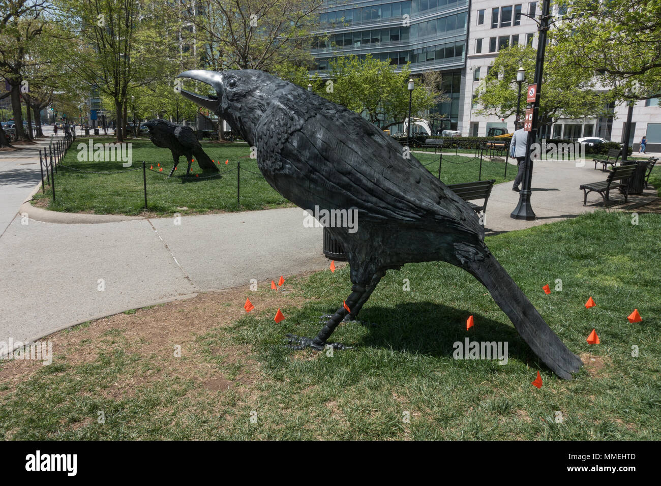 Renwick Gallery outdoor extension of No Spectators: The Art of Burning Man, includes 2 huge black crows, each assembled from 40 pieces of cast bronze. Stock Photo