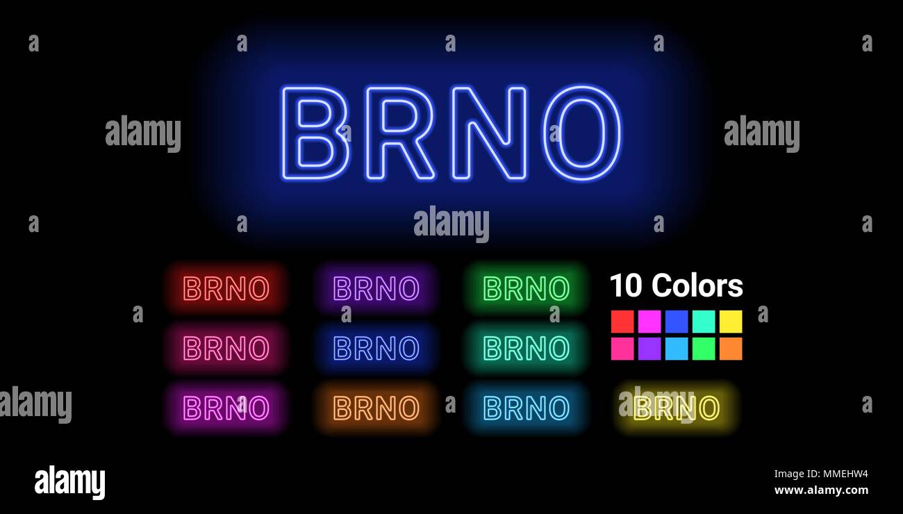 Neon name of Brno city. Vector illustration of Brno inscription consisting of neon outlines, with backlight on the dark background. Set of different c Stock Vector