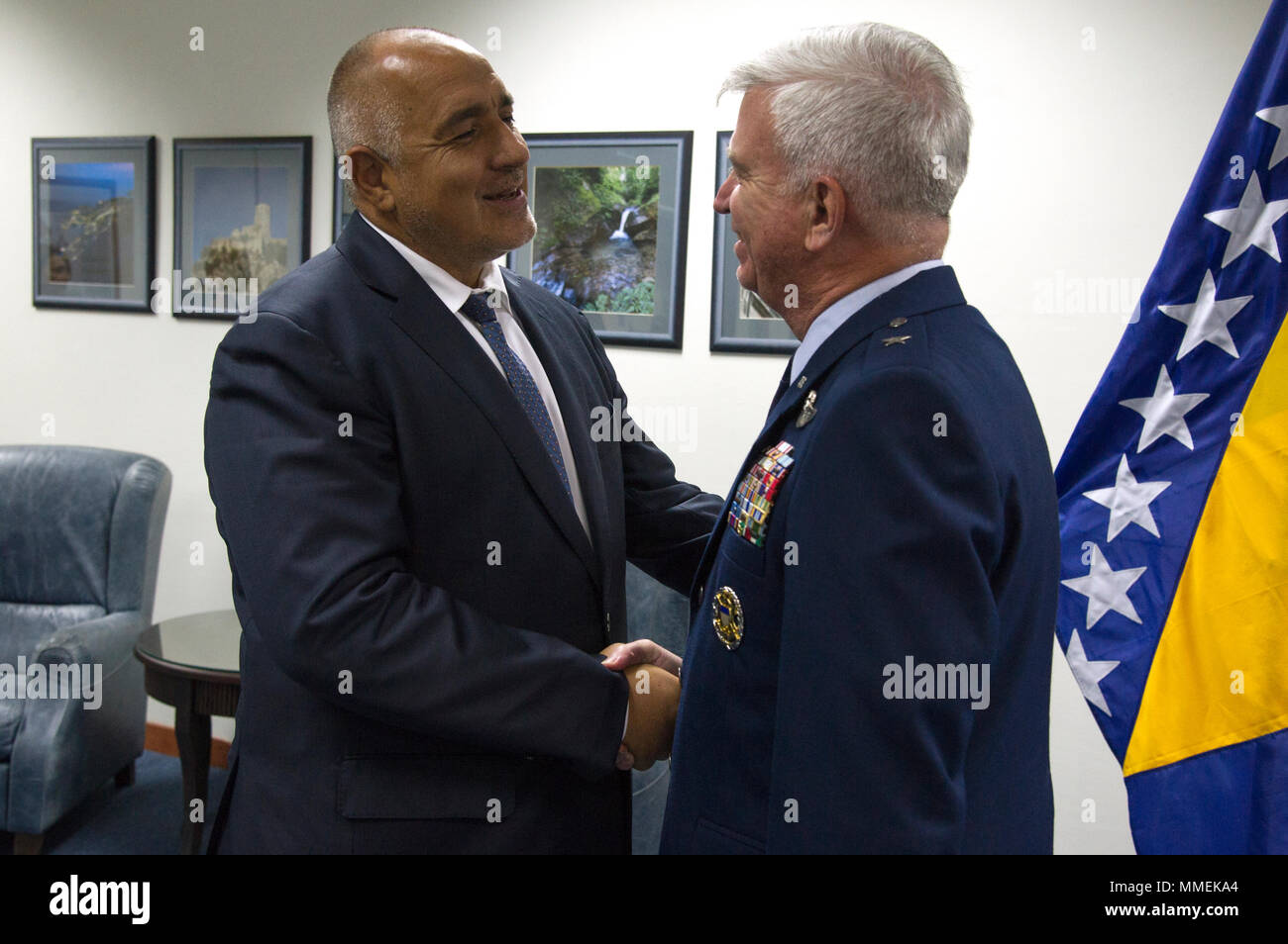 U.S. Air Force Brig. Gen. Robert Huston, NATO Headquarters Sarajevo commander, meets with Mr. Boyko Borissov, the Prime Minister of the Republic of Bulgaria, on Oct. 26, 2017 at Camp Butmir, Bosnia and Herzegovina. (U.S. Air Force photo by Staff Sgt. Amber Sorsek) Stock Photo