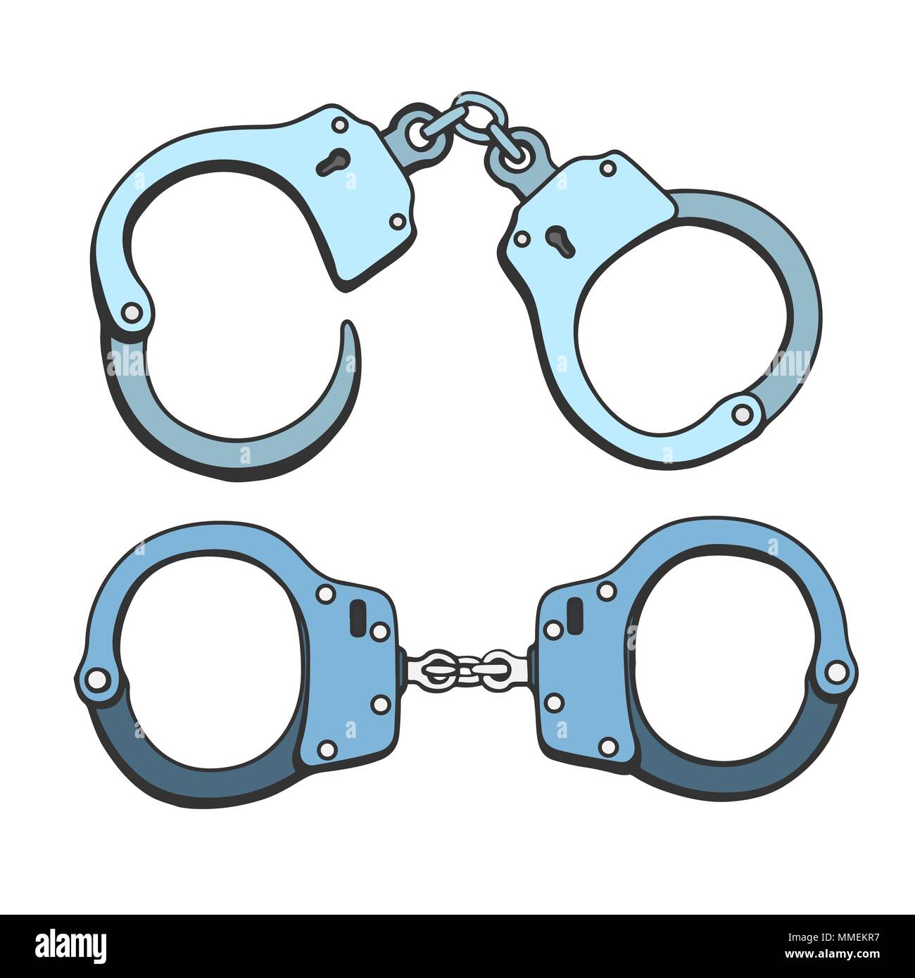Set of Metal handcuffs for detaining criminals. Outfit of a policeman. Prison single icon in cartoon style vector symbol stock illustration. Stock Vector
