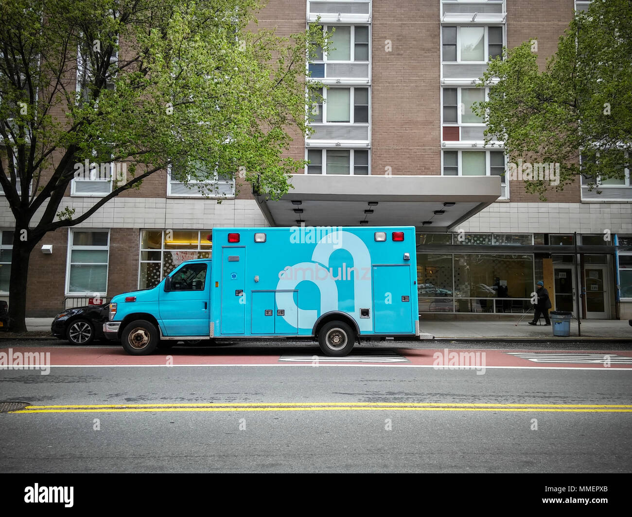 An 'ambulanz' brand on demand ambulance is seen parked in the Chelsea neighborhood of New York on Sunday, April 29, 2018. The tech driven company dispatches via an app enabling real-time tracking and scheduling and is not part of New York's 911 system. (© Richard B. Levine) Stock Photo