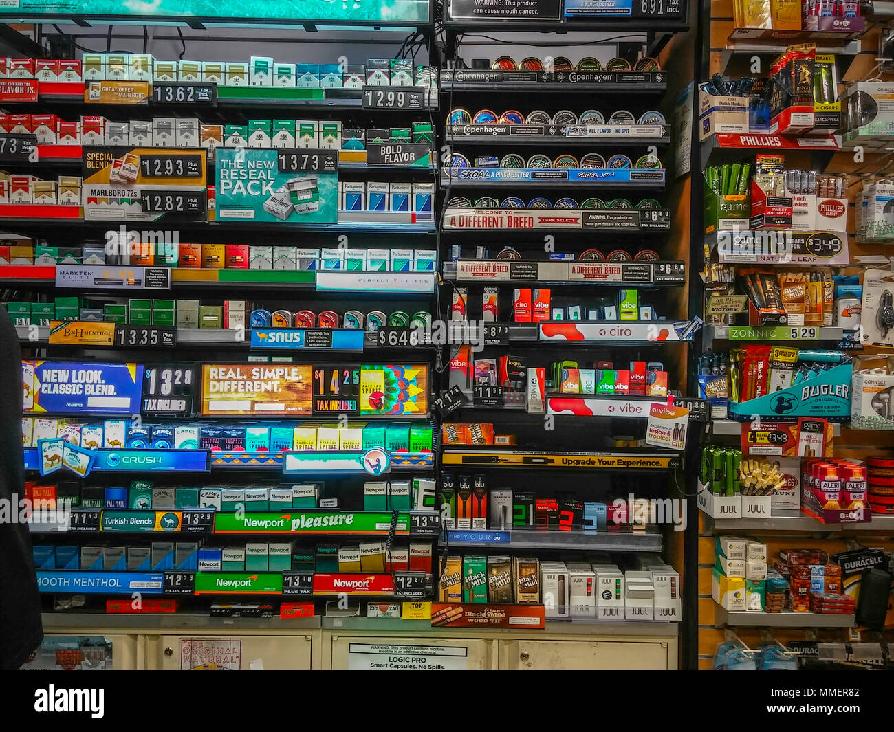 A wall of tobacco products in a convenience store in New York on Sunday, April 29, 2018. (Â© Richard B. Levine) Stock Photo