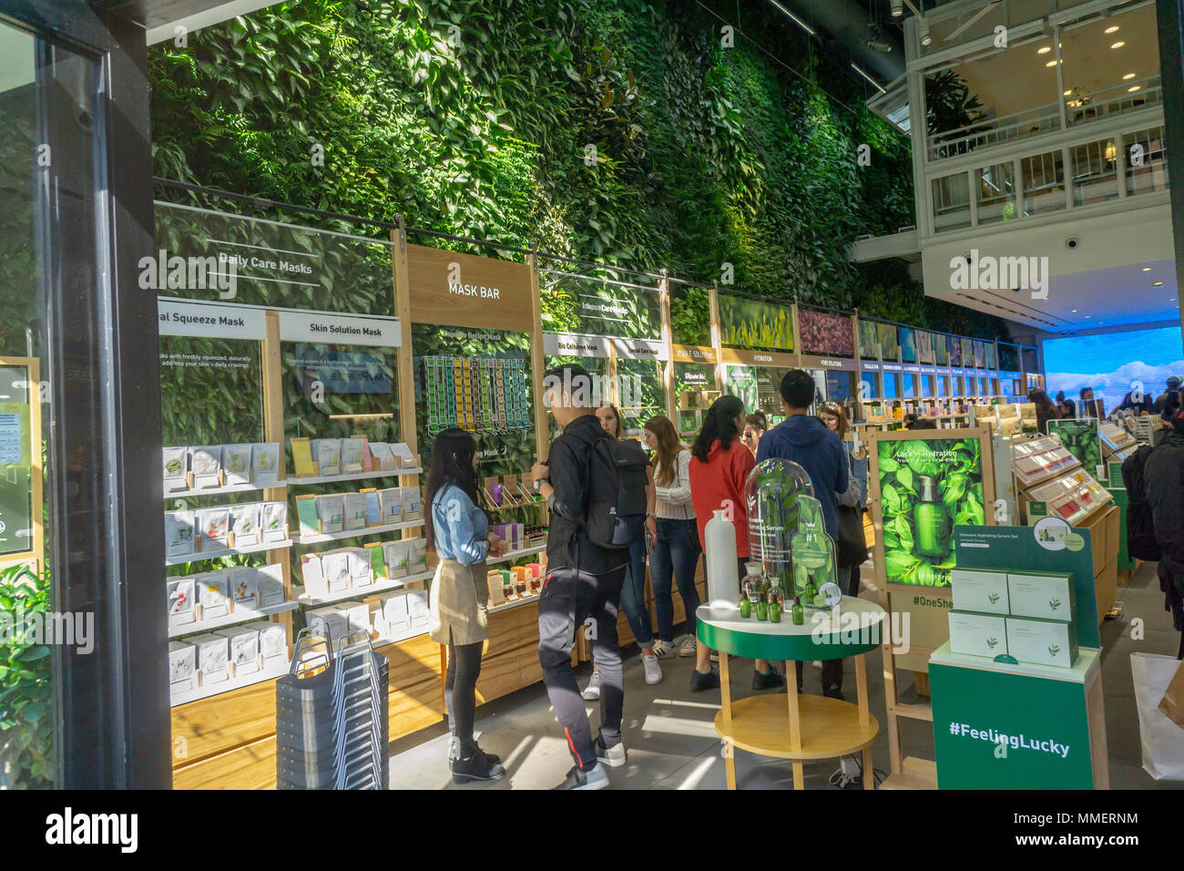 A living green wall is seen inside the busy Union Square in New York location of the Korean beauty products chain Innisfree on Saturday, April 28, 2018. The store is the first US location of the K-beauty chain, owned by Amore Pacific, with plans to open between five and eight stores in the New York area. (© Richard B. Levine) Stock Photo