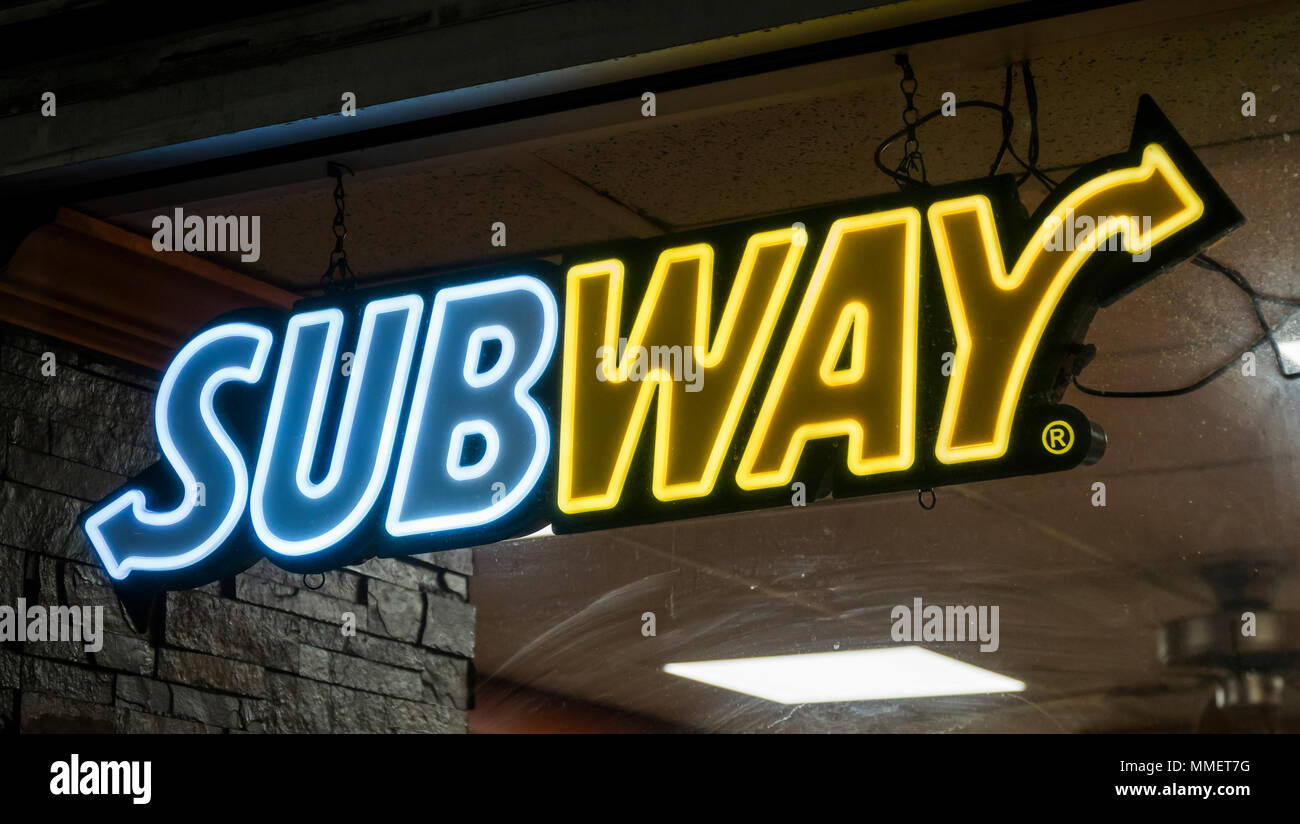 A franchise of the Subway sandwich chain in Lower Manhattan in New York on Thursday, April 26, 2018. Subway announced that it will close approximately 500 stores in North America in 2018 while opening stores overseas. (© Richard B. Levine) Stock Photo