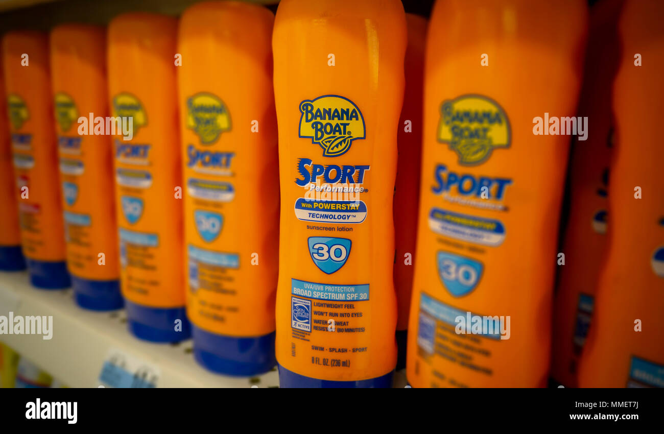 Bottles of Banana Boat brand sunscreen are seen on a department store shelf in New York on Friday, May 4, 2018. The unofficial beginning of summer arrives on the Memorial Day weekend at the end of May. (Â© Richard B. Levine) Stock Photo