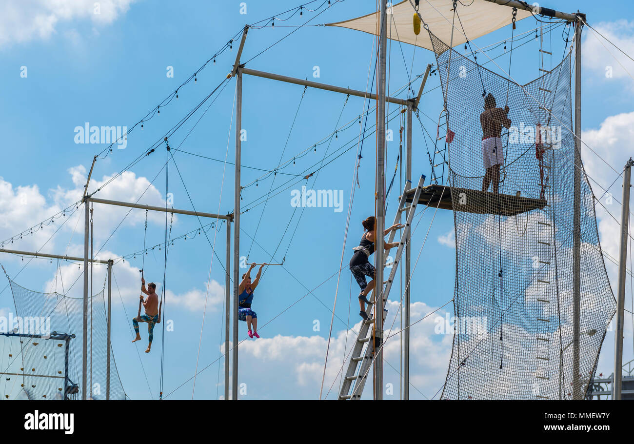 SEPTEMBER 2017- Washington DC: The New York School of Trapeze teaches students to fly through the air for a trendy new kind of adventure exercise Stock Photo