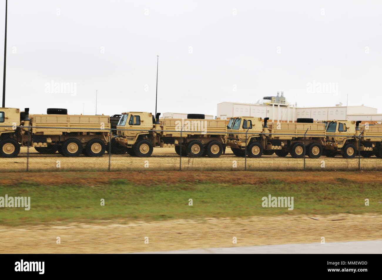 Military equipment is parked at the Fort McCoy Draw Yard and Equipment