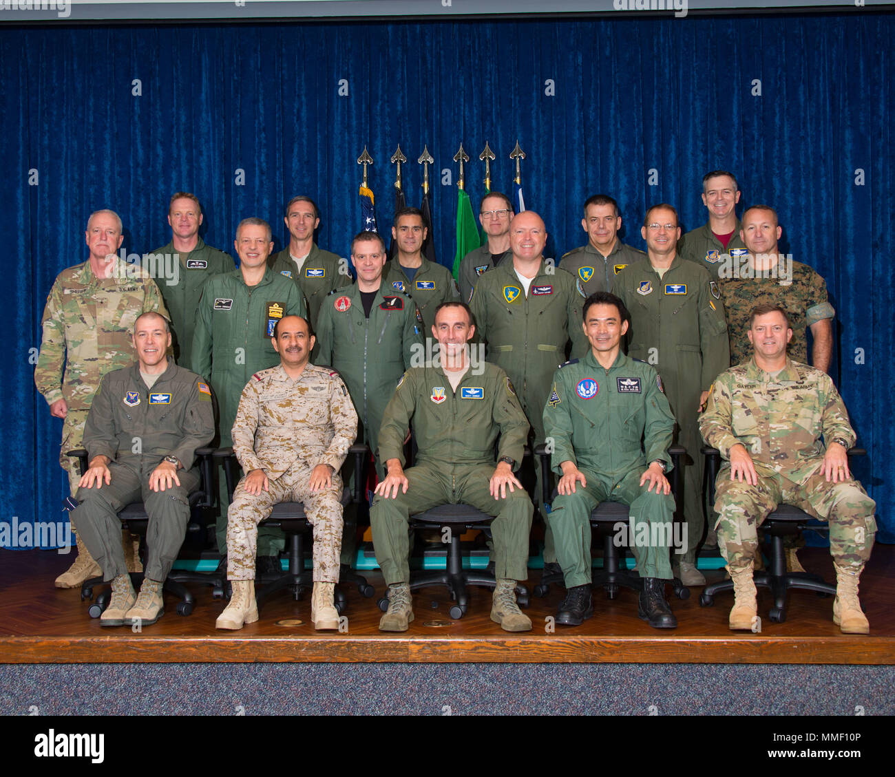 Maxwell AFB, Ala. - Group photo for the Combined Force Air Component Commanders Course 18A at the Air Force Wargaming Insitute. Pictured are as follows. First Row (L-R): Major General Thomas A. Bussiere (USAF); Major General Ahmed F. Rayzah (Royal Saudi Air Force); Major General Scott J. Zobrist (USAF); Major General Hui-Chien Liu (Taiwan Air Force); Major General William K. Gayler (US Army). Second Row (L-R): Brigadier General Timothy J. Sheriff (USARNG); Major General Antonio R. Conserva (Italian Air Force); Air Commodore Justin S. Reuter (Royal Air Force); Major General Thierry Dupont (Belg Stock Photo