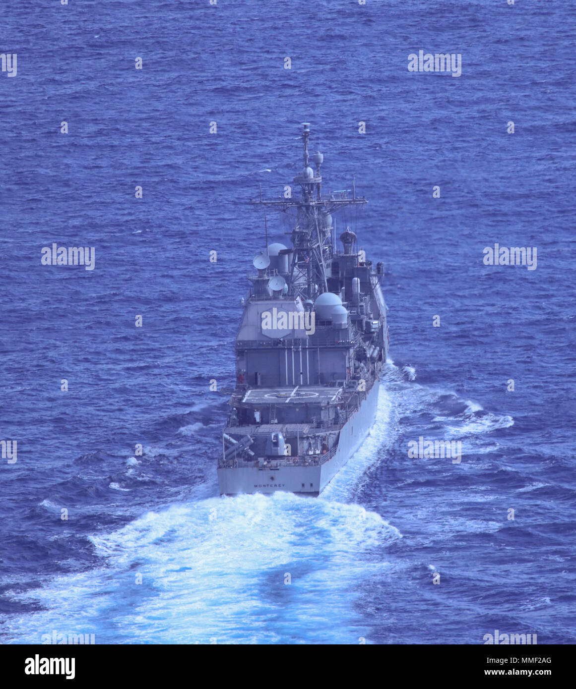 171101-N-DO281-491  ATLANTIC OCEAN (Oct. 31, 2017) The guided-missile cruiser USS Monterey (CG 61) transits the Atlantic Ocean. Monterey is deployed in support of maritime security operations in the U.S. fifth and sixth fleet area of operations (U.S. Navy photo by Mass Communication Specialist Seaman Trey Fowler) Stock Photo