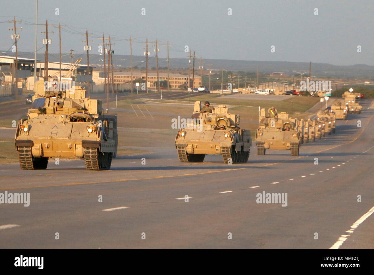 M2A3 Bradley Crews from 2nd Battalion, 5th Cav. Reg., 1st ABCT, 1st Cav. Div. convoy from their motor pool Oct. 27 to the Deployment Ready Reaction Field to prepare their Bradleys for further movement to the Rail Operations on Fort Hood, TX. (U.S. Army photo by Sgt. Christopher Dennis, 1st ABCT PAO, 1st Cav. Div.) Stock Photo