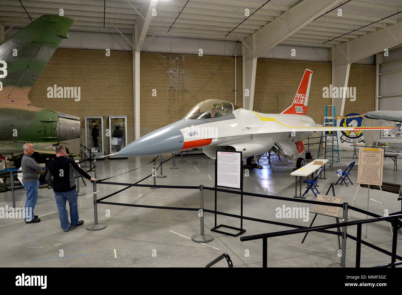 An F-16 test aircraft sits on display at the Hill Aerospace Museum