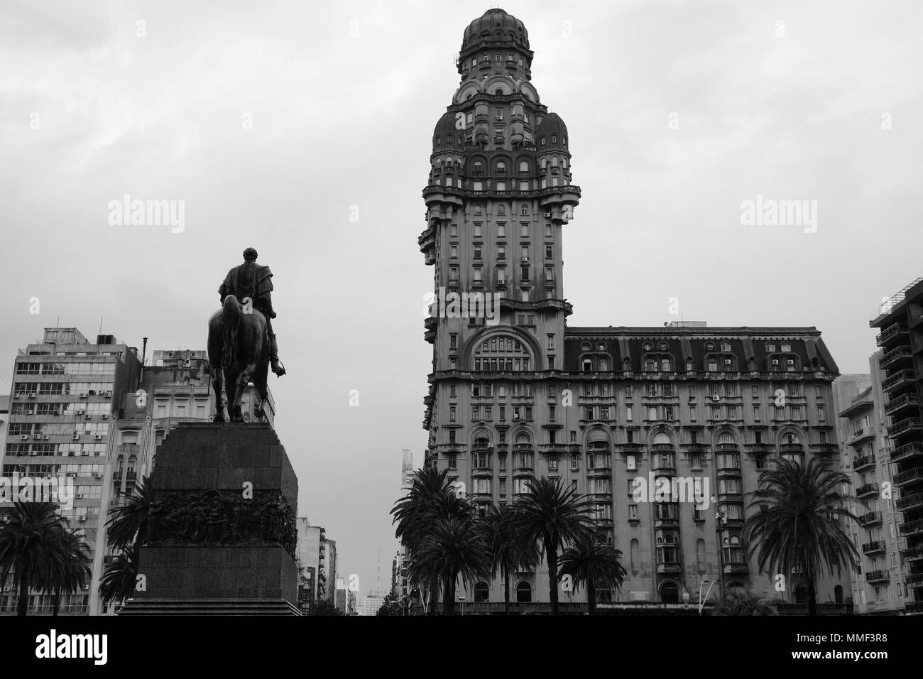 plaza independencia building city Montevideo Uruguay horse statue black white Stock Photo