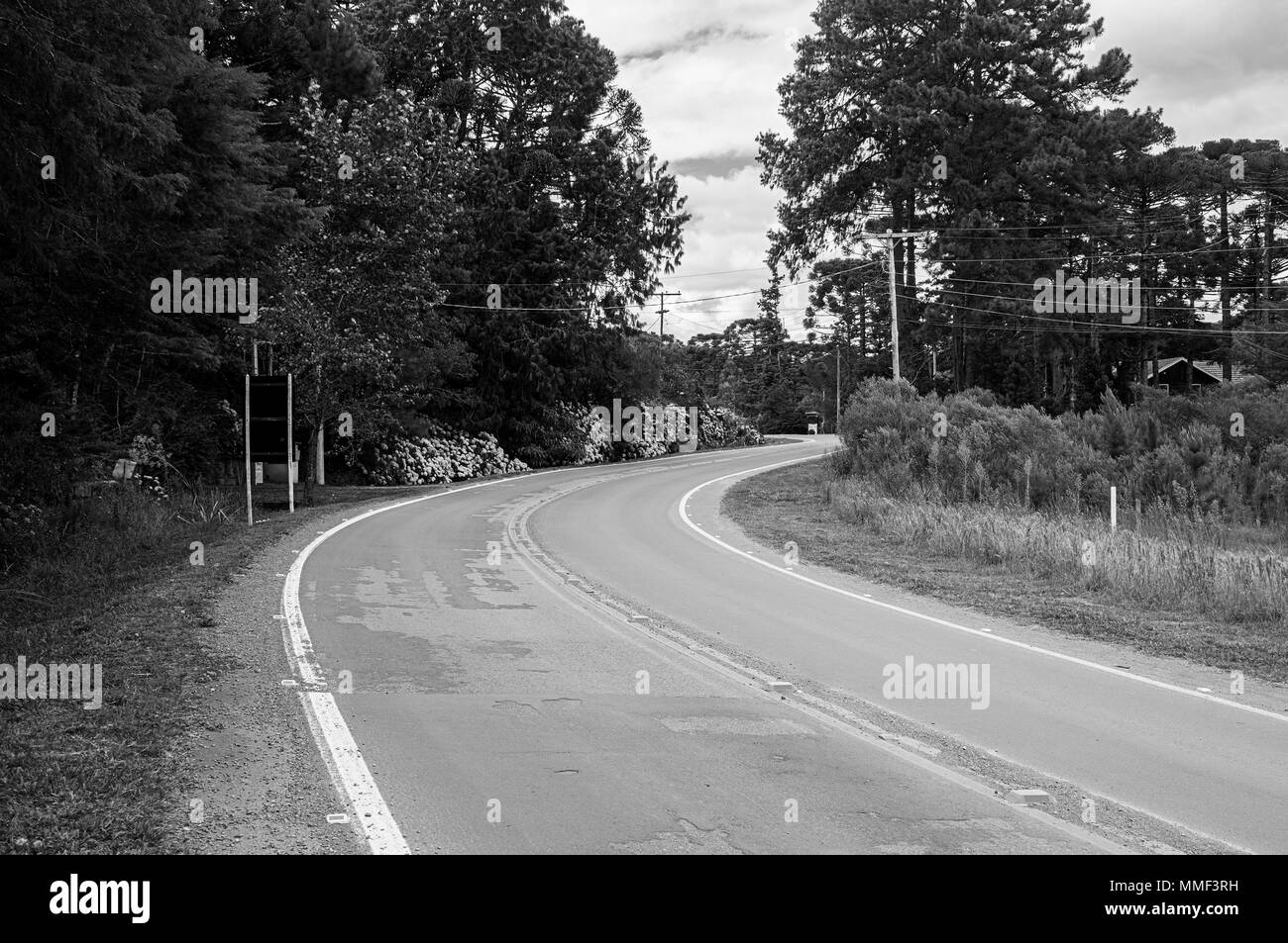 road curve vegetation  city Gramado Brazil black white Stock Photo