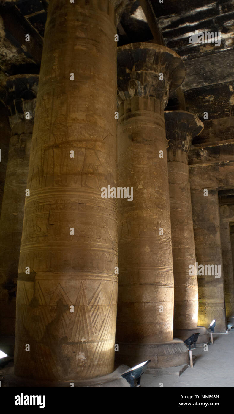 Egypt. Temple of Edfu. Ancient temple dedicated to Horus. Ptolemaic period. It was built during the reign of Ptolemy III and Ptolemy XII, 237-57 BC. The Second Hypostyle Hall. View of columns. Stock Photo