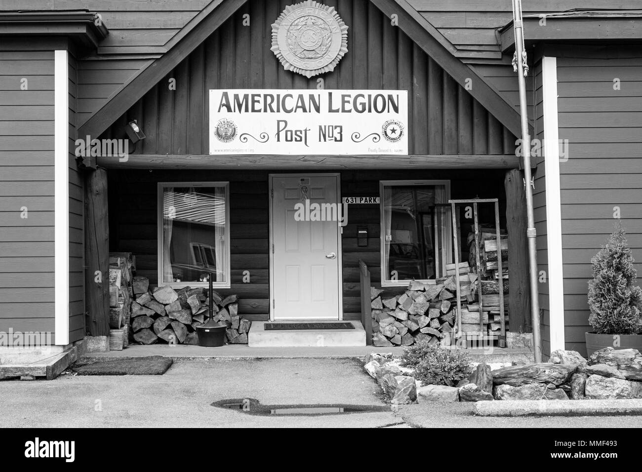 american legion post Alaska wooden building architecture veteran  black white Stock Photo