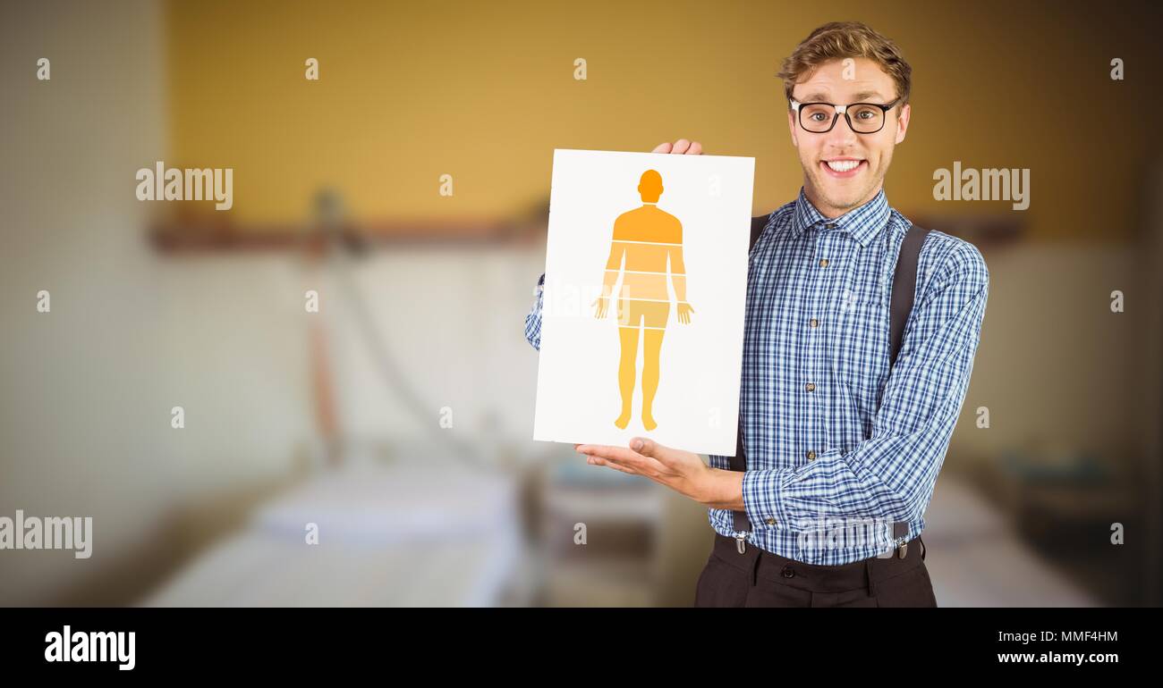 Human Body diagram sections and man holding card Stock Photo