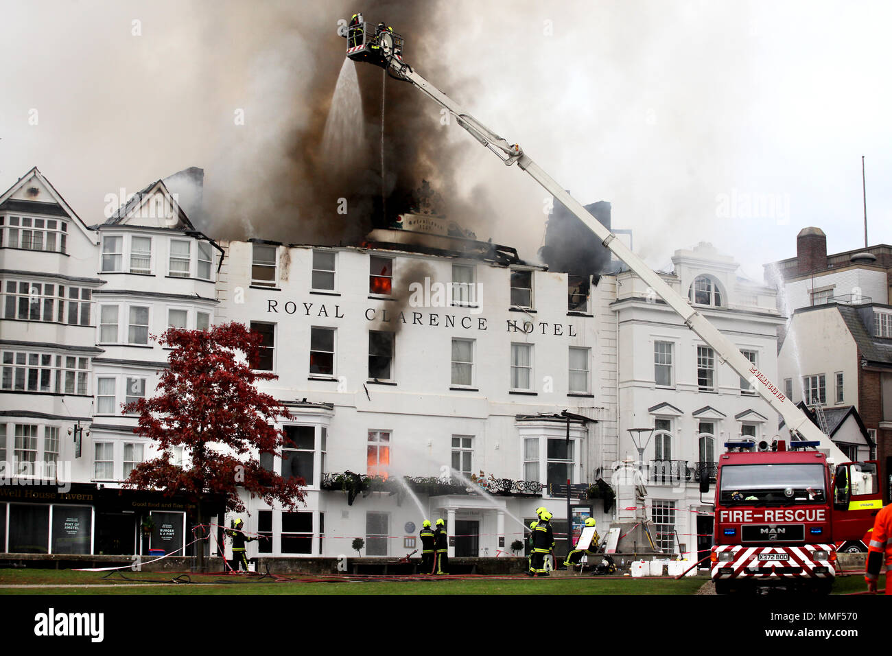 Fire ravages the Royal Clarence Hotel on 28 October 2016 in Exeter, Devon. The hotel dates back