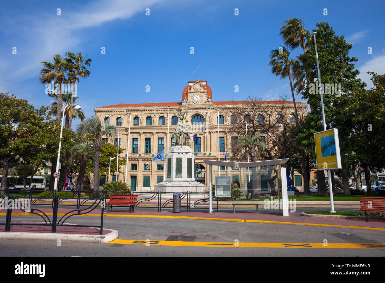 Cannes City Hall (Town Hall) building from 1877 in France and French war memorial - Monuments aux Morts Stock Photo