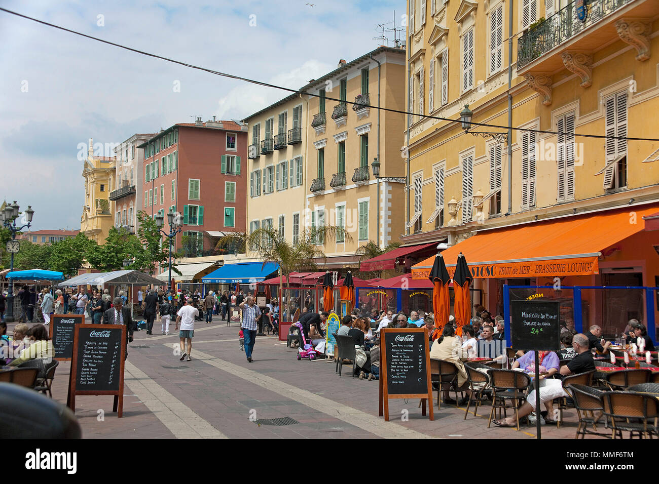 Street cafes at place Cours Saleya, Nice, Côte d’Azur, Alpes-Maritimes, South France, France, Europe Stock Photo
