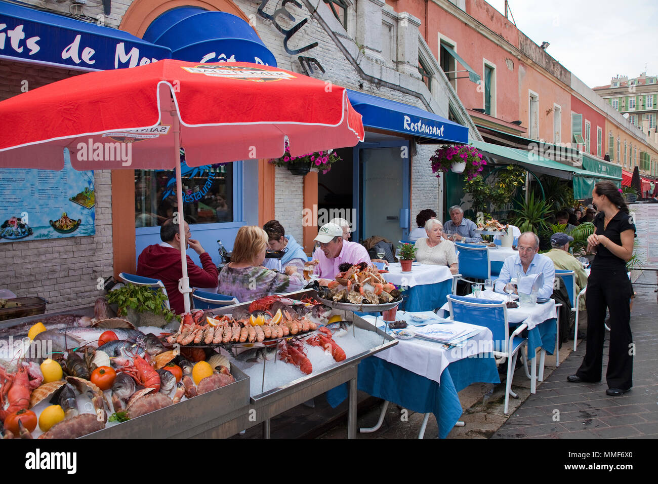 Seafood restaurant at place Cours Saleya, Nice, Côte d’Azur, Alpes-Maritimes, South France, France, Europe Stock Photo