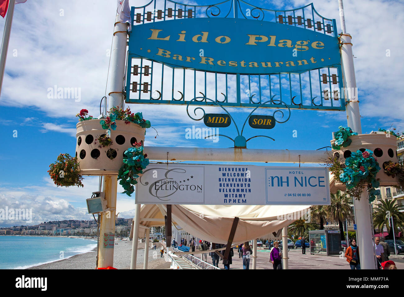 Lido Plage, bar and restaurant at Promenade des Anglais, Nice, Côte d’Azur, Alpes-Maritimes, South France, France, Europe Stock Photo