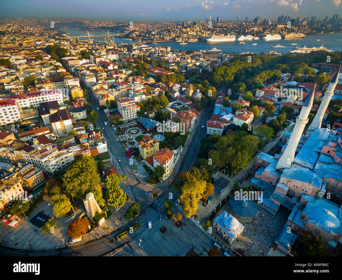 Panorama of Istanbul from a bird's eye view is shot by a droning. Stock Photo